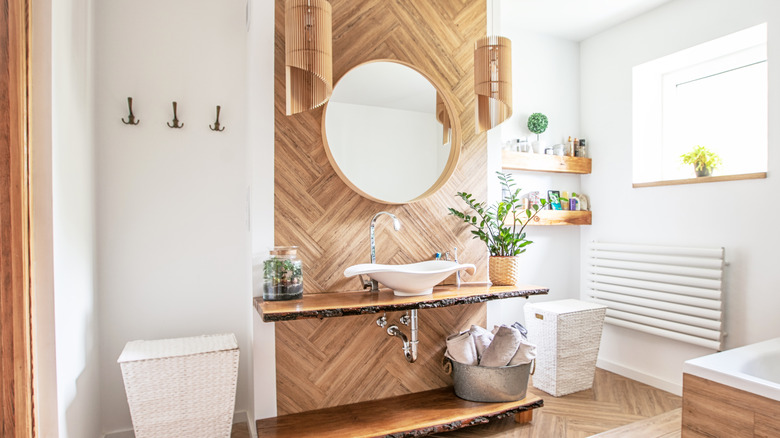 wood vanity in bathroom