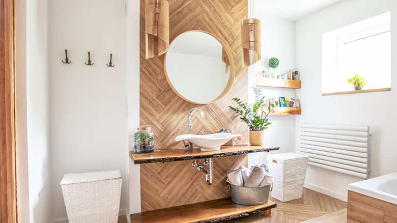 wood vanity in bathroom