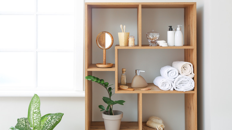 open wooden bathroom shelves