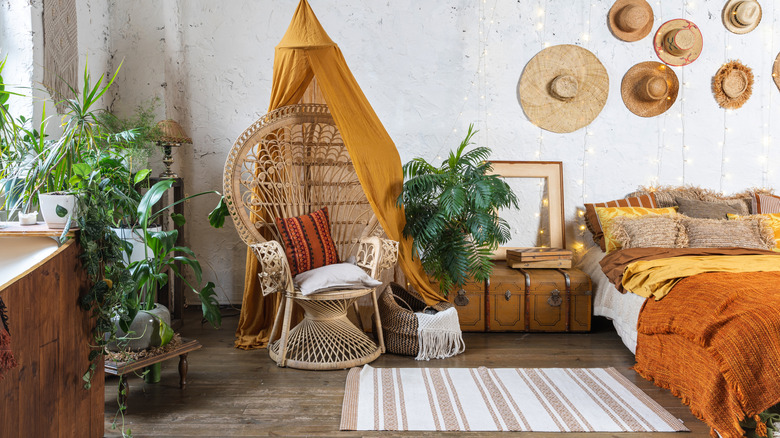 Earthy bohemian bedroom with rattan