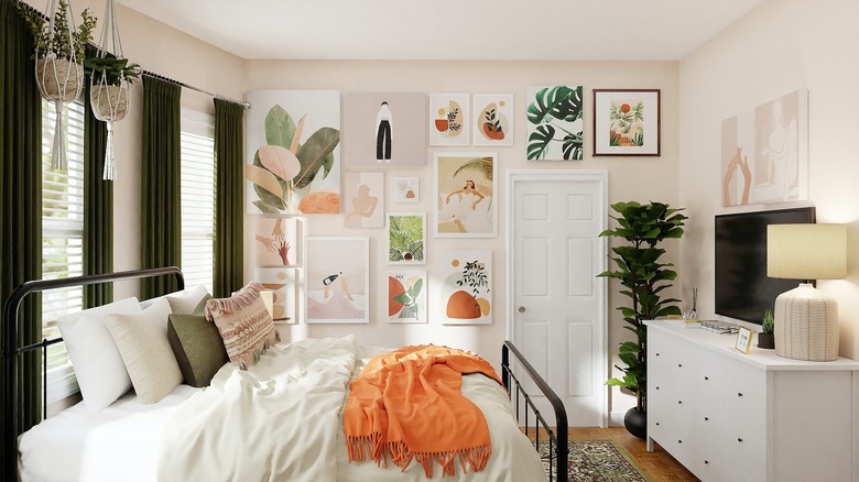 bedroom with plants and art