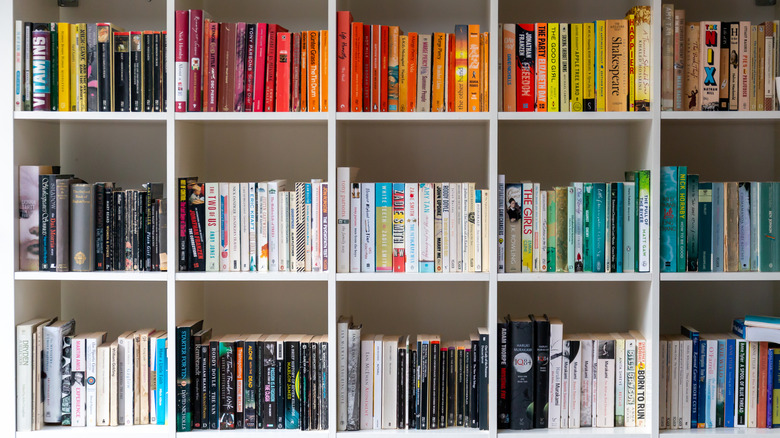 bookcase full of books, arranged by color