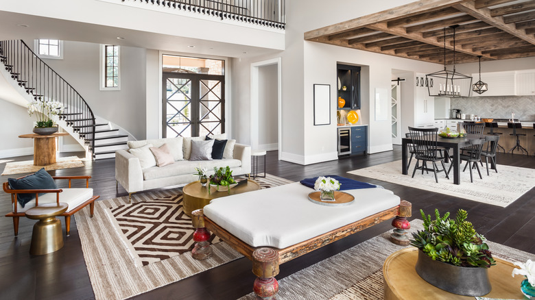 bohemian room with layered rugs
