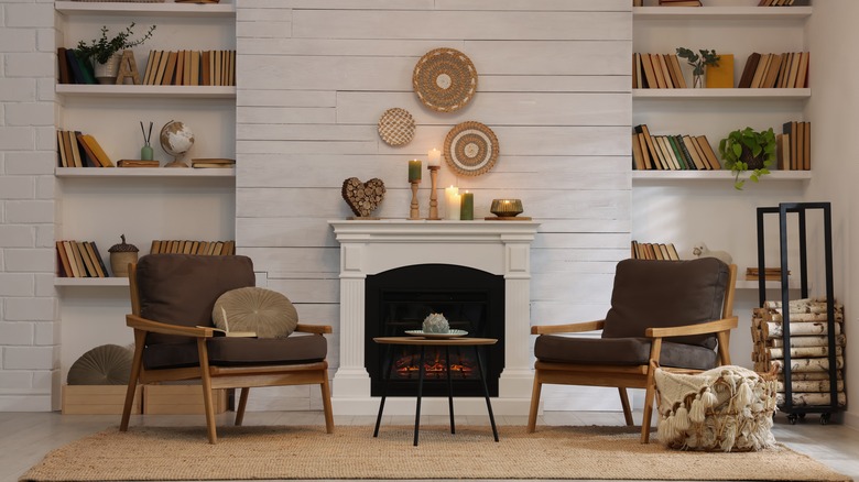 living room mantel with decorations