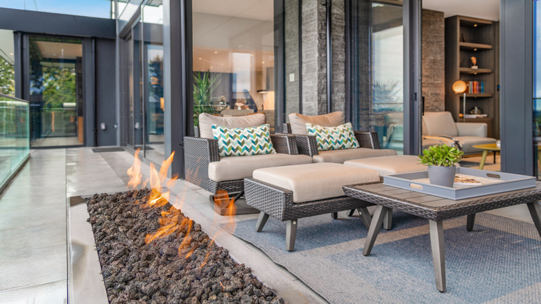 patio with couch and lights