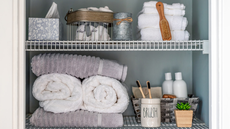 A bathroom linen closet with supplies