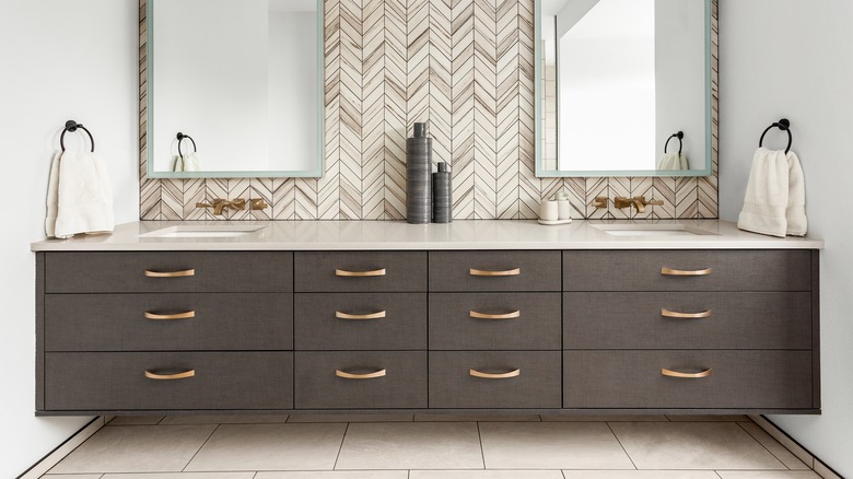 A large gray double sink vanity