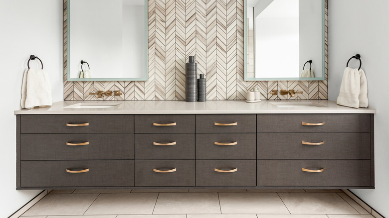 A large gray double sink vanity