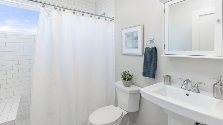 A white bathroom with a clean shower curtain