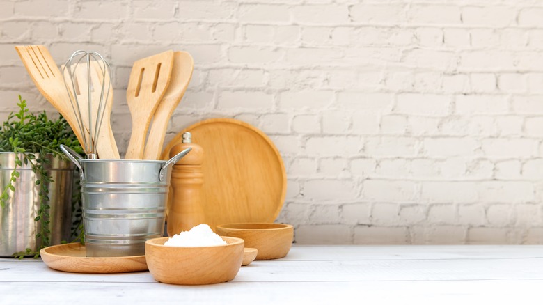 Wooden kitchen utensils and dishes