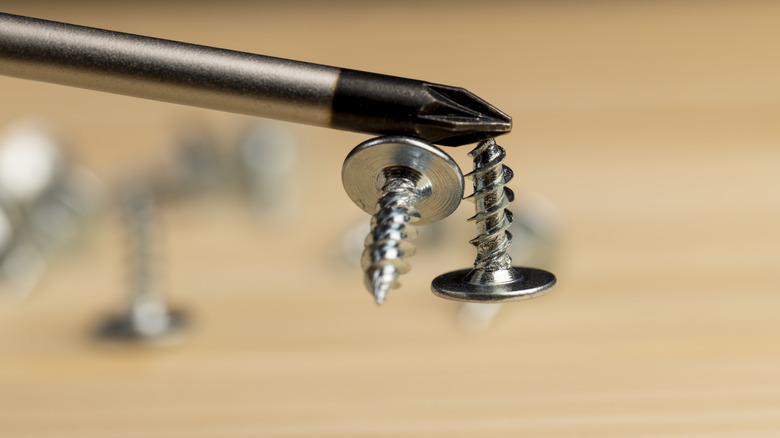 Magnetized screwdriver picking up screw