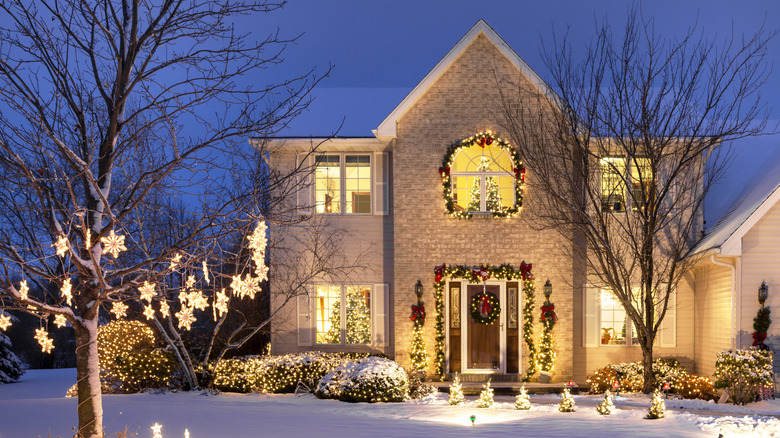 Outdoor view of house decorated for winter holidays