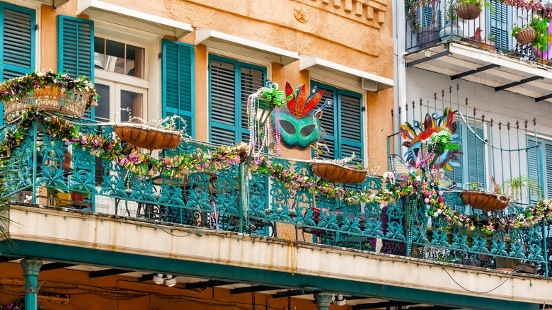 balcony decorated for Mardi Gras