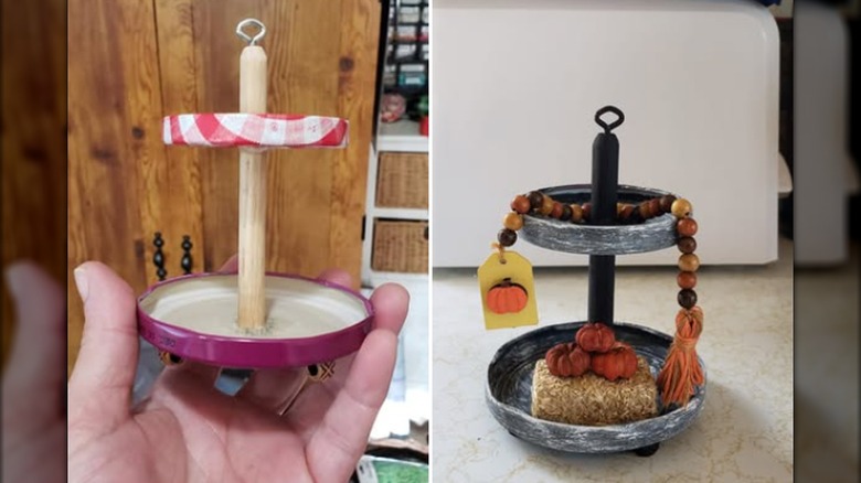 a split image showing the tiered tray decor with jar lids unpainted and then completed with paint and decor.