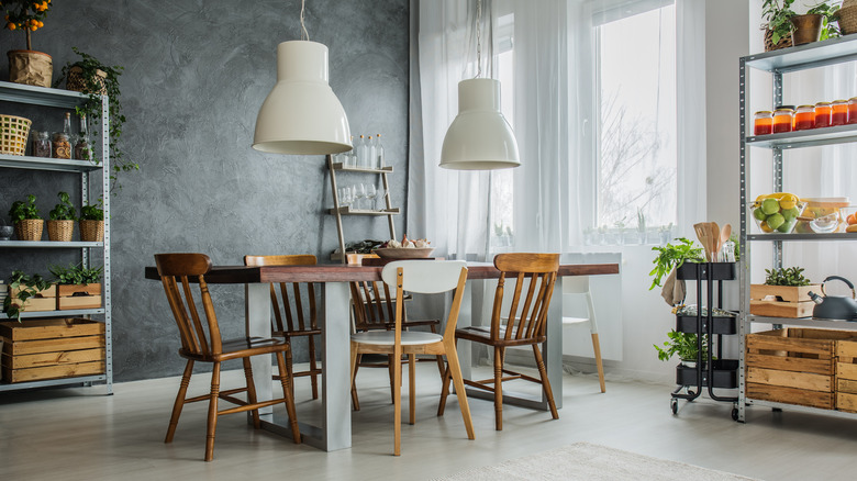 dining room with wooden shelves