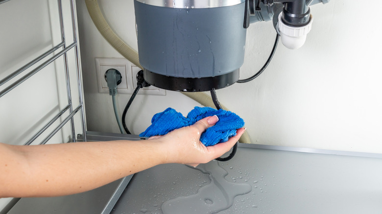 Woman holding a towel under a leaky garbage disposal unit under a sink