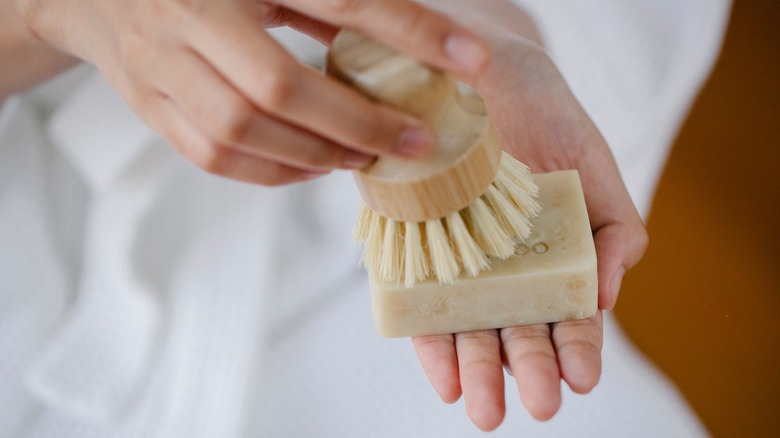 Hands holding soap and brush