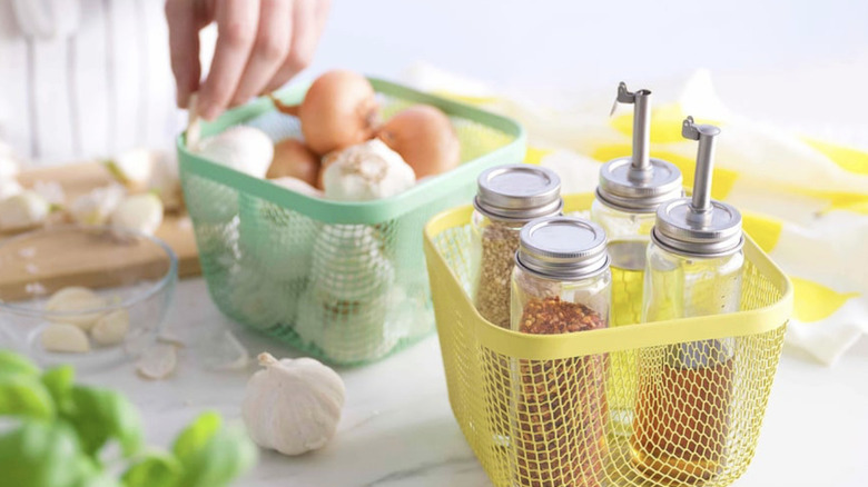 IKEA mesh storage container on kitchen counter