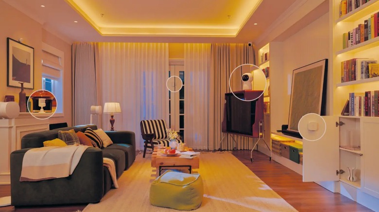 dimly lit living room equipped with video camera and sensors