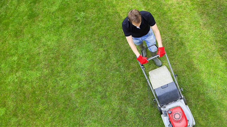 Person mowing circles with lawnmower