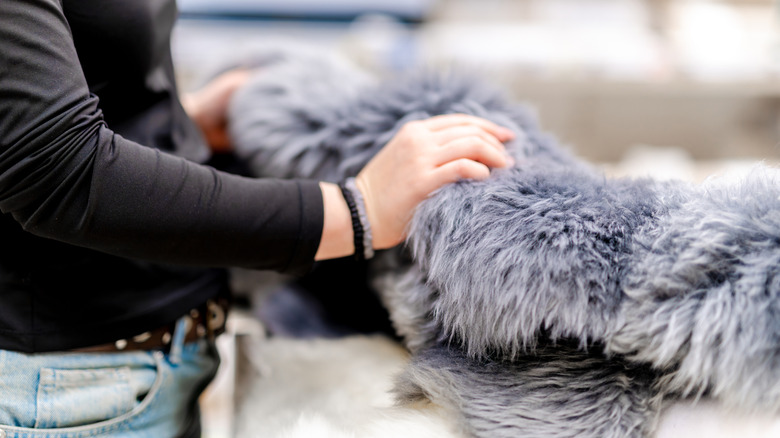 a woman touches a gray rug
