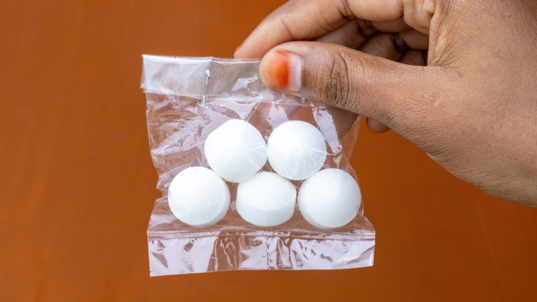 A hand holding a packet of camphor tablets