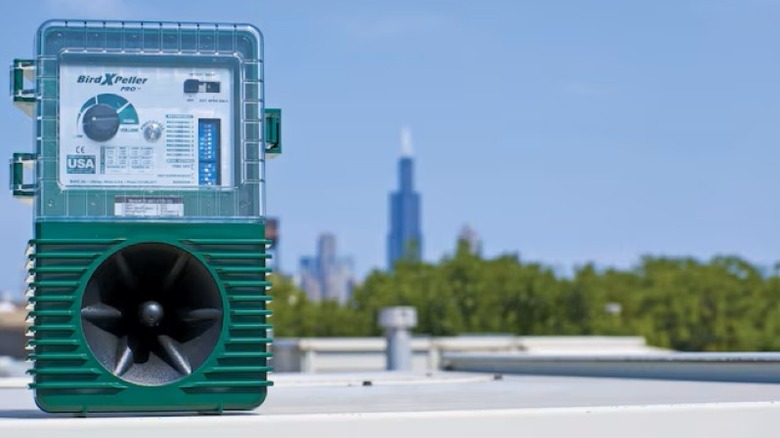 Bird-X bird repellent sonic device on rooftop outside city