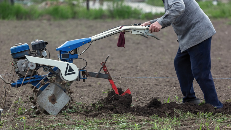 Person tilling the ground to prepare for planting a lawn