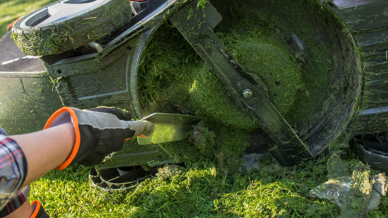 A person using a shovel to clean grass from a lawn mower blade