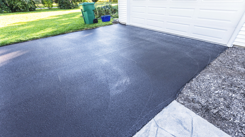 A freshly recoated asphalt driveway