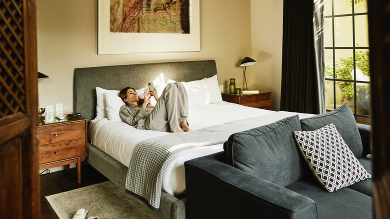 A sophisticated bedroom with different textures