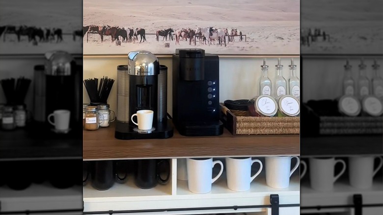 A coffee bar featuring Dollar Tree mugs, glass containers, and glass bottles.