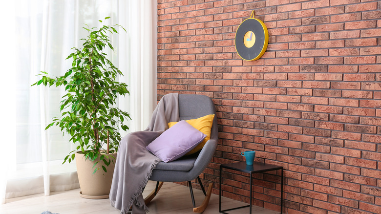 potted ficus interior with brick wall