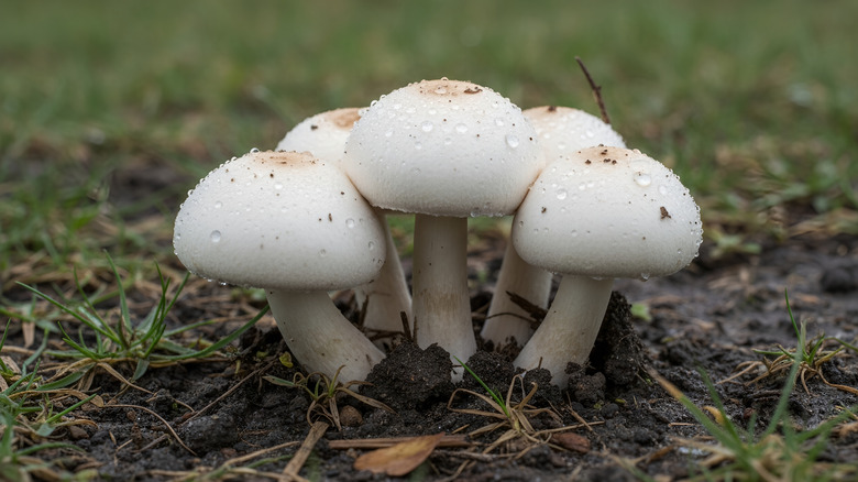 Mushrooms having just been watered in the garden
