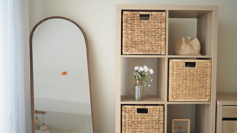 baskets on open shelving unit