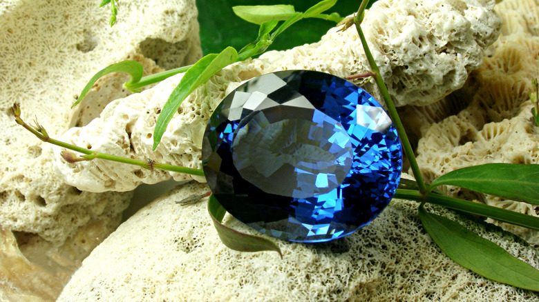 Blue sapphire with plants and rock around it