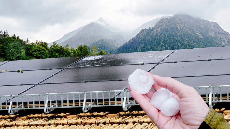 A hand holding large hailstones with roof solar panel damage and mountains in the background