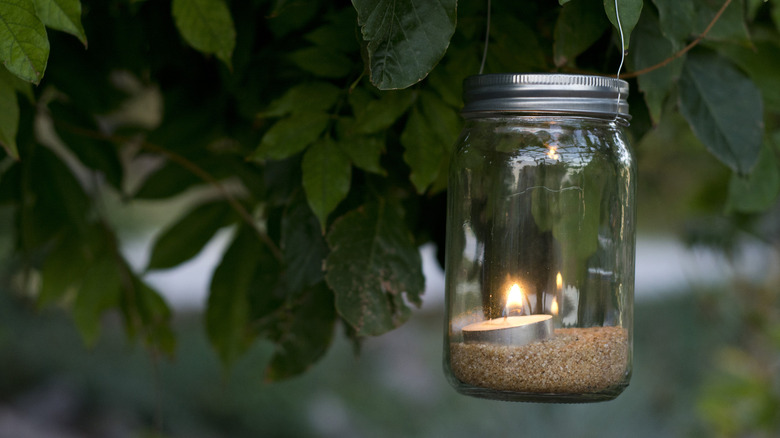mason jar lantern hanging from tree
