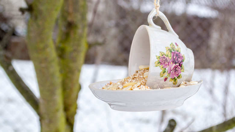 teacup and saucer hanging bird feeder
