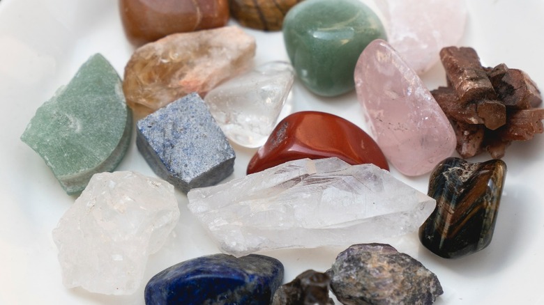 Plate with assorted polished gemstones