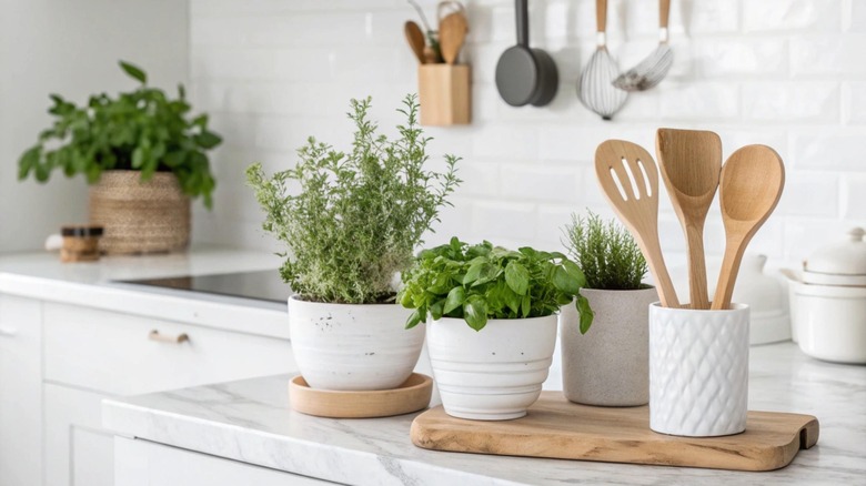 Pots of herbs in a bright, modern kitchen