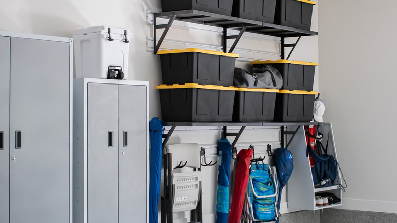 Organized garage with bins on shelves