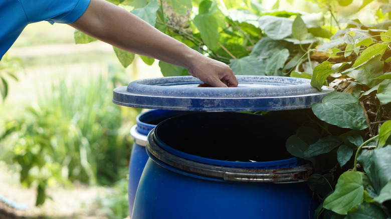 A person placing a lid on a rain barrel