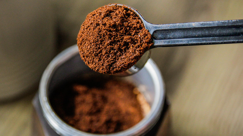 person scooping coffee grounds from jar
