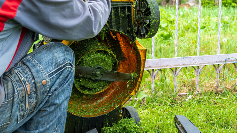 A person checking the underside of the mower deck to see if it's clogged up with grass