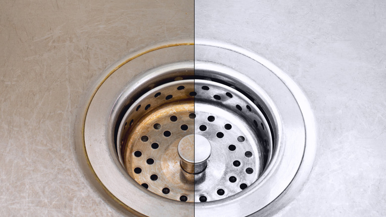 before and after cleaning stainless steel sink