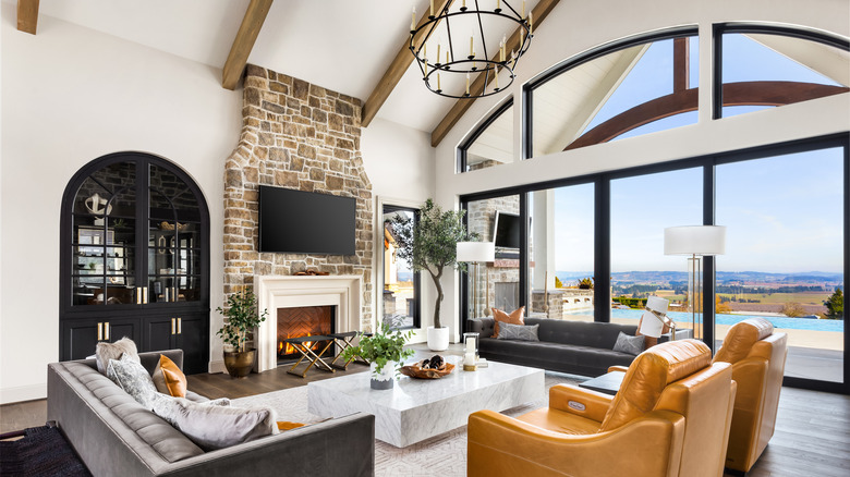 living room with vaulted ceiling