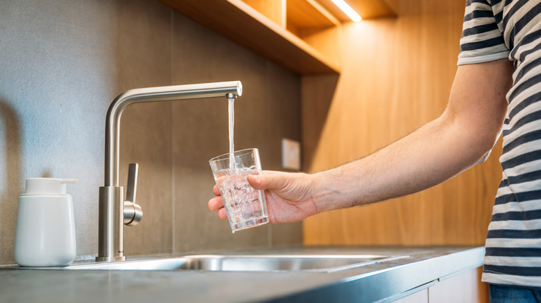 A drinking glass being filled with water out of kitchen tap