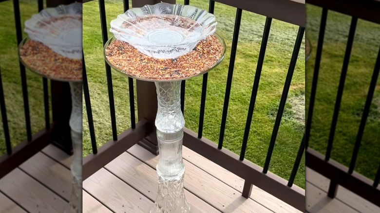 DIY bird bath made from thrifted glassware