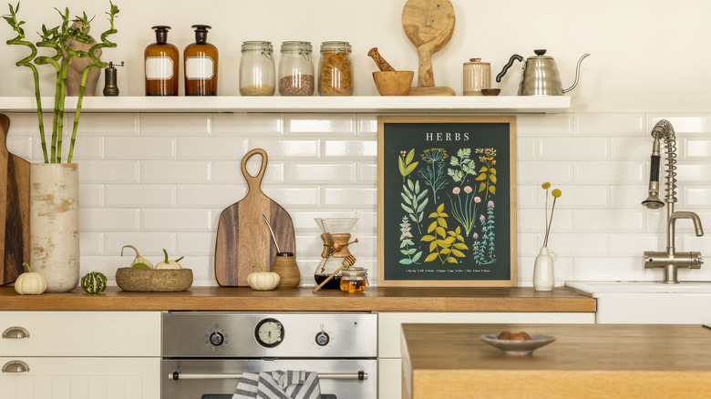 A cozy kitchen with wood elements, spice jars, and plants